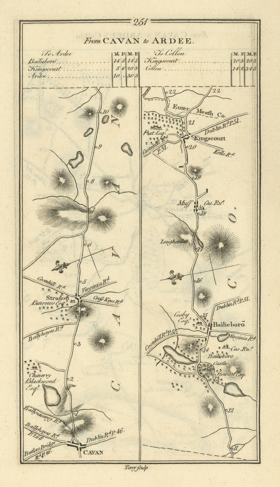 #251 Cavan to Ardee. Kingscourt Bailieborough Stradone. TAYLOR/SKINNER 1778 map
